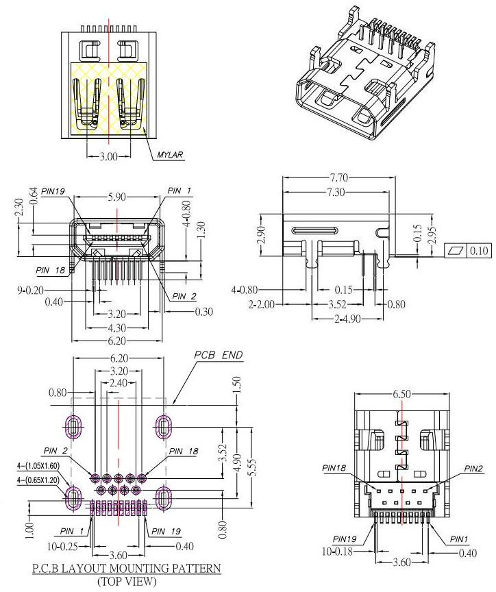 高清HDMI D TYPE,HDMI插孔 前DIP 后SMT,HDMI插座四腳插板 HDMI-D-2規格圖