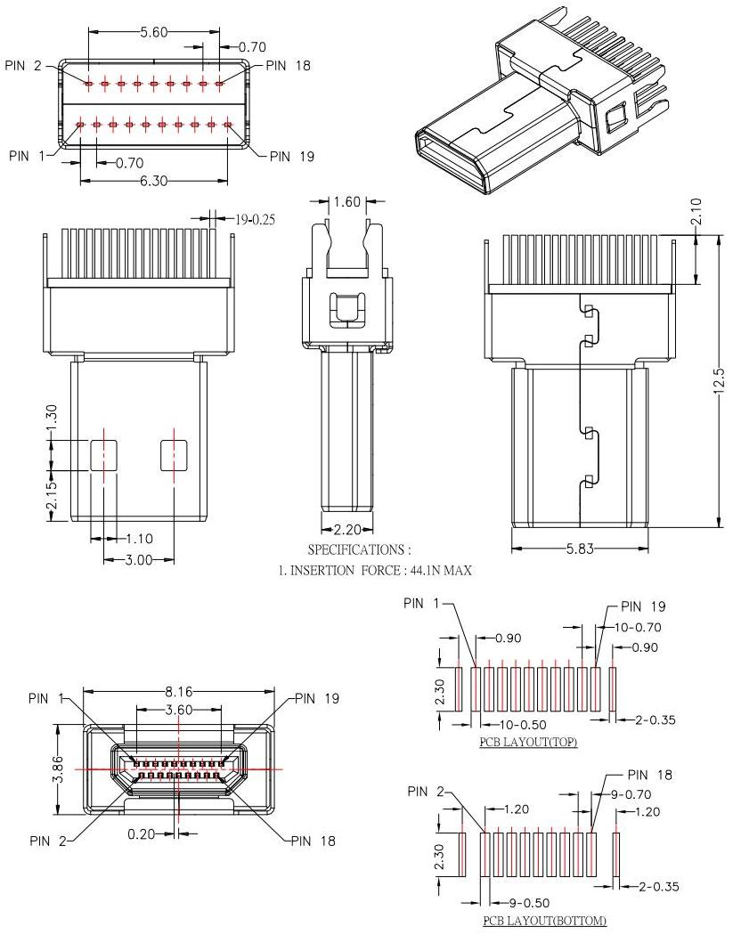 HDMI-D-6  D TYPE 公頭夾板,板厚1.6mm，HDMI JACK SERIES規格圖